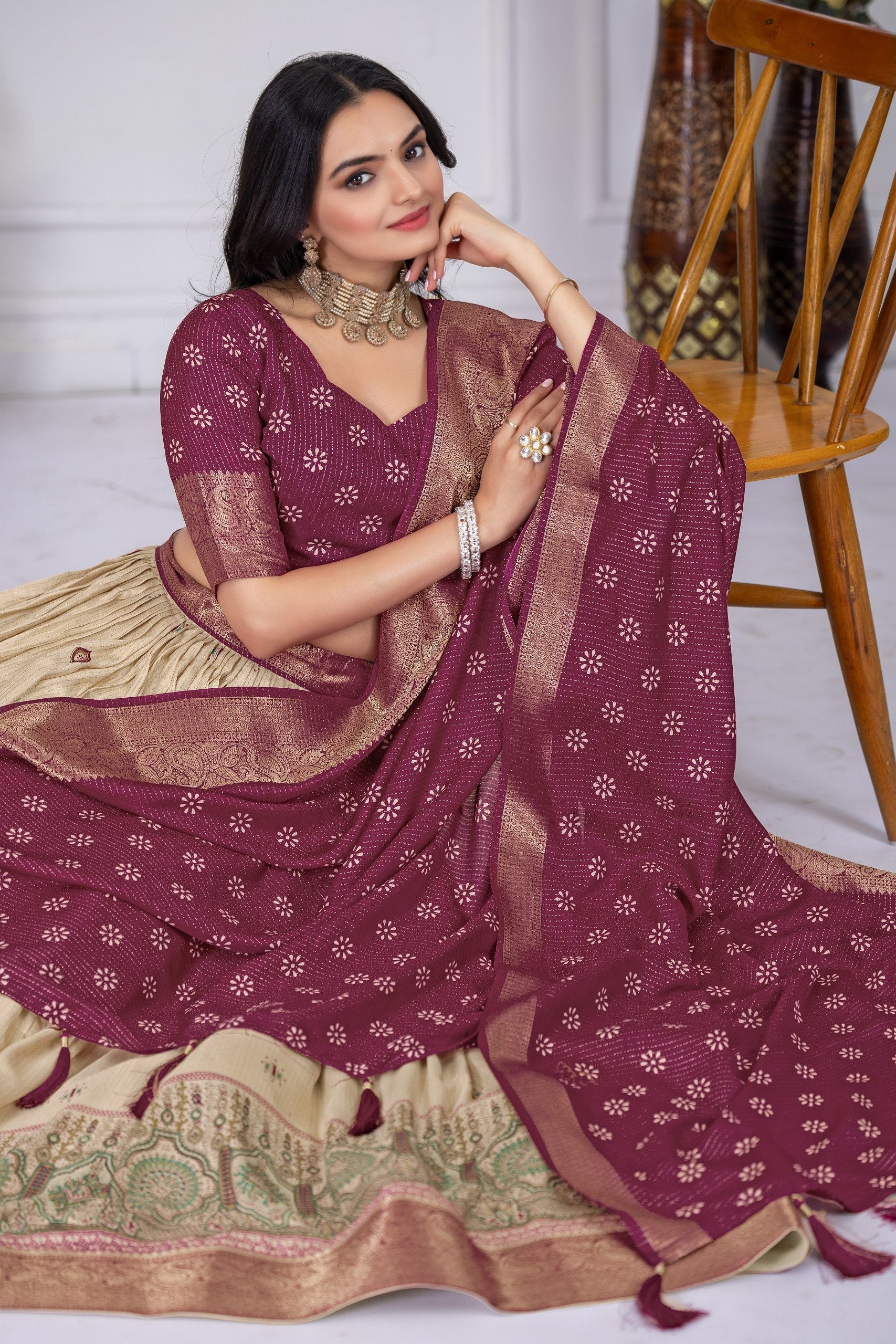Women's Wine & Cream Jacquard Lichi Silk Lehenga Choli with Designer Dupatta | Festive, Wedding, Navratri & Traditional Party Wear Lehenga Set