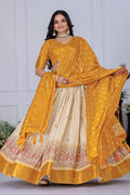 Women's Mustard Yellow & Cream Jacquard Lichi Silk Lehenga Choli with Designer Dupatta | Festive, Wedding, Navratri & Traditional Party Wear Lehenga Set
