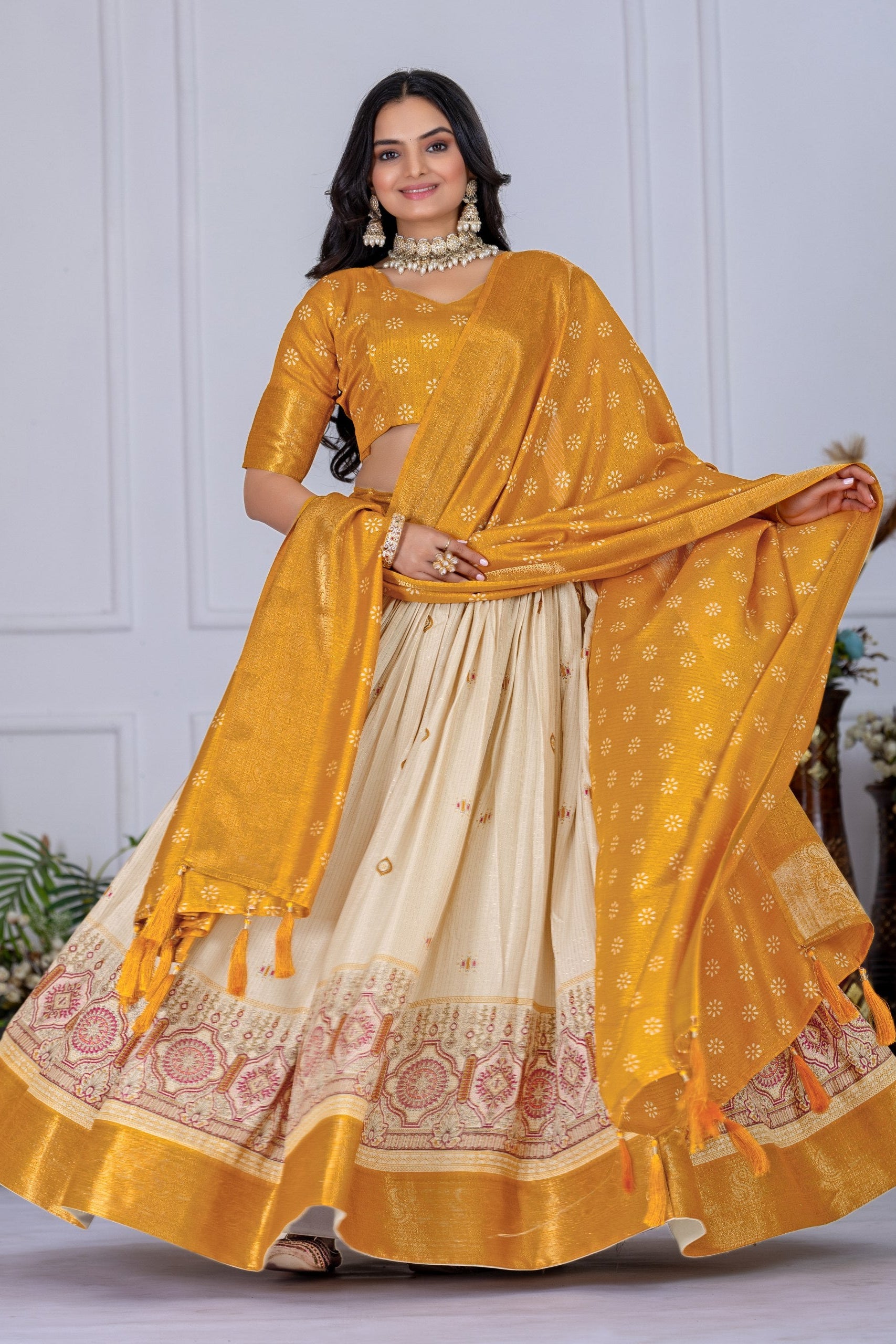 Women's Mustard Yellow & Cream Jacquard Lichi Silk Lehenga Choli with Designer Dupatta | Festive, Wedding, Navratri & Traditional Party Wear Lehenga Set