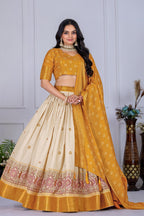 Women's Mustard Yellow & Cream Jacquard Lichi Silk Lehenga Choli with Designer Dupatta | Festive, Wedding, Navratri & Traditional Party Wear Lehenga Set