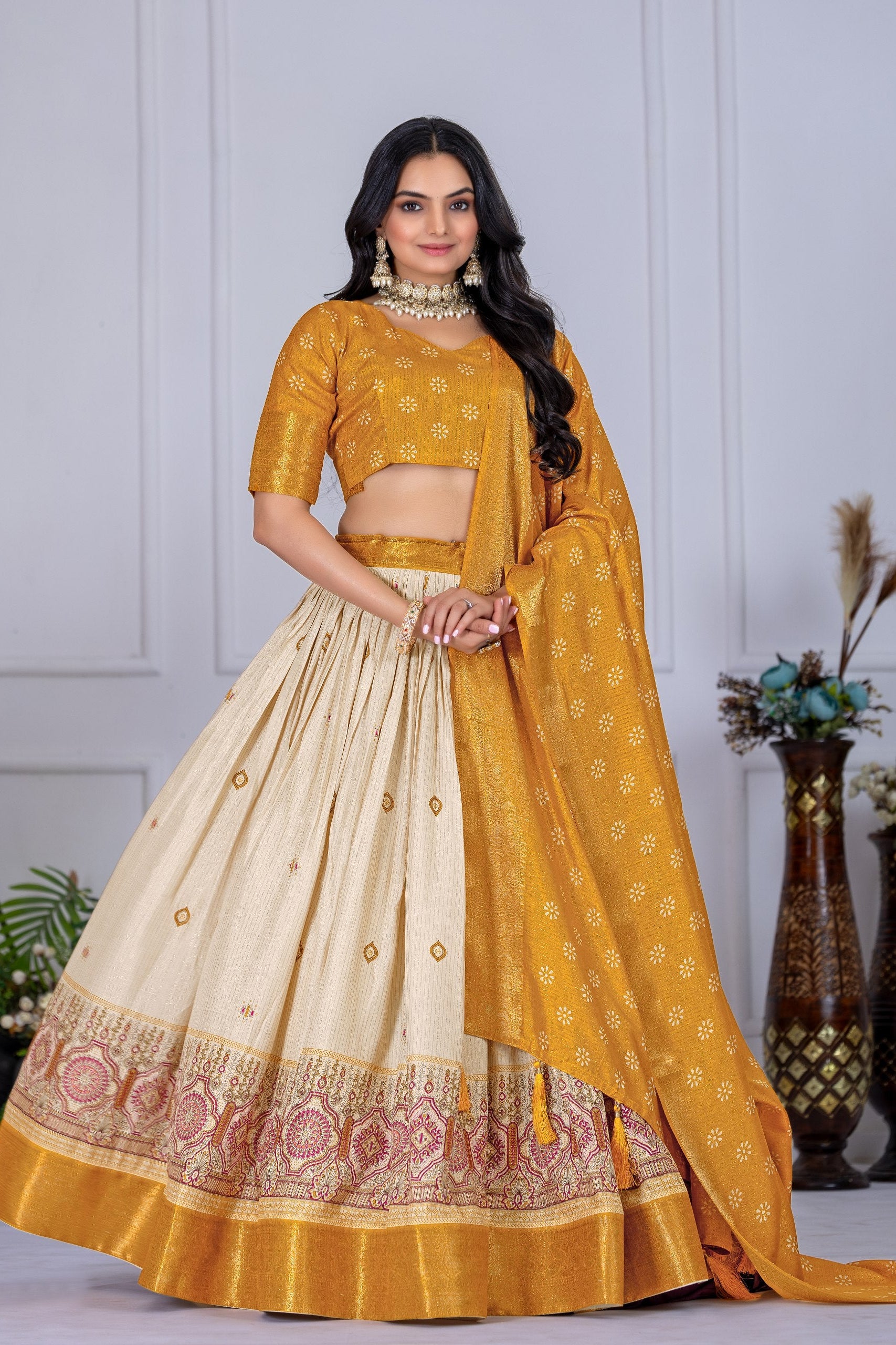 Women's Mustard Yellow & Cream Jacquard Lichi Silk Lehenga Choli with Designer Dupatta | Festive, Wedding, Navratri & Traditional Party Wear Lehenga Set