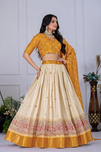 Women's Mustard Yellow & Cream Jacquard Lichi Silk Lehenga Choli with Designer Dupatta | Festive, Wedding, Navratri & Traditional Party Wear Lehenga Set
