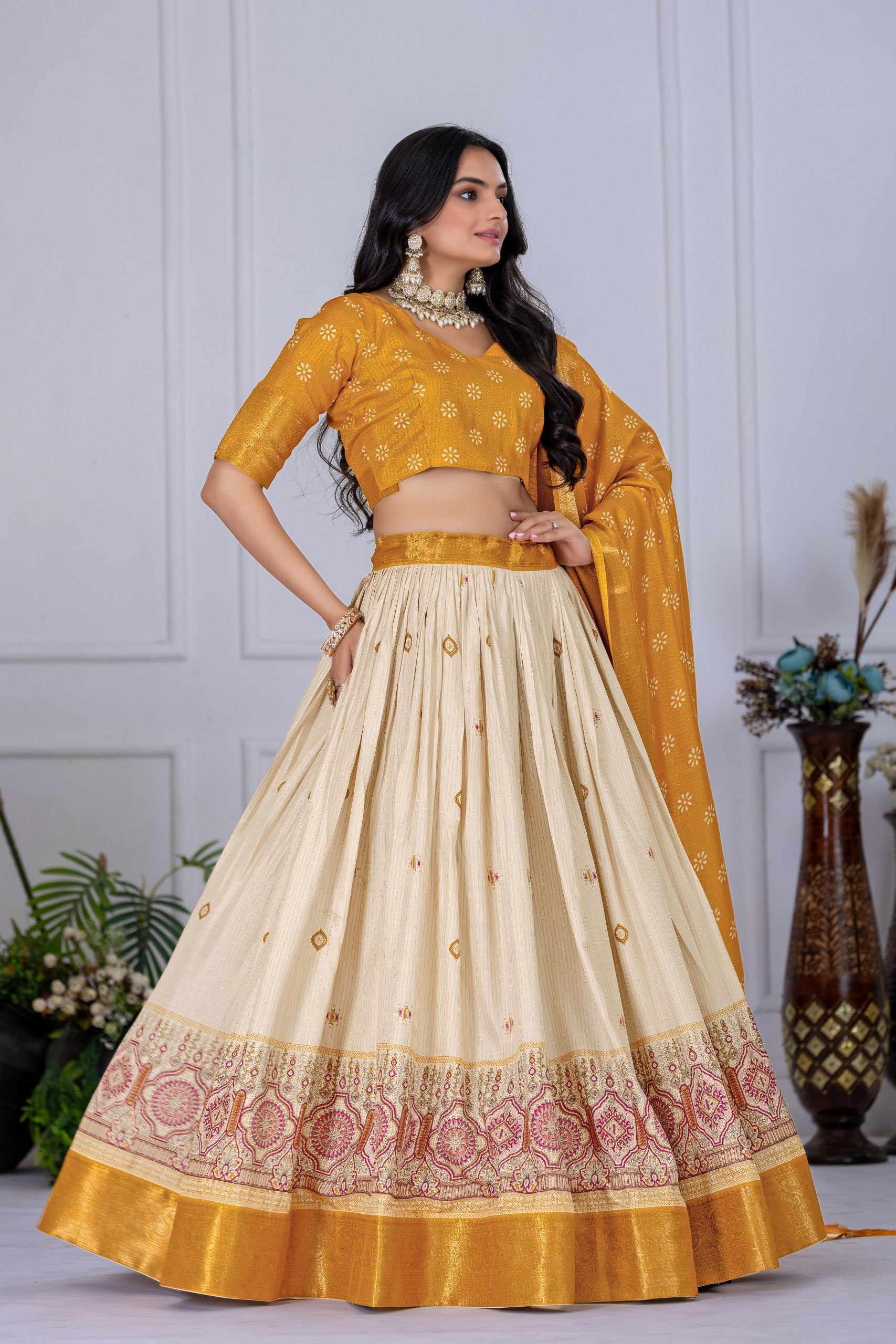Women's Mustard Yellow & Cream Jacquard Lichi Silk Lehenga Choli with Designer Dupatta | Festive, Wedding, Navratri & Traditional Party Wear Lehenga Set