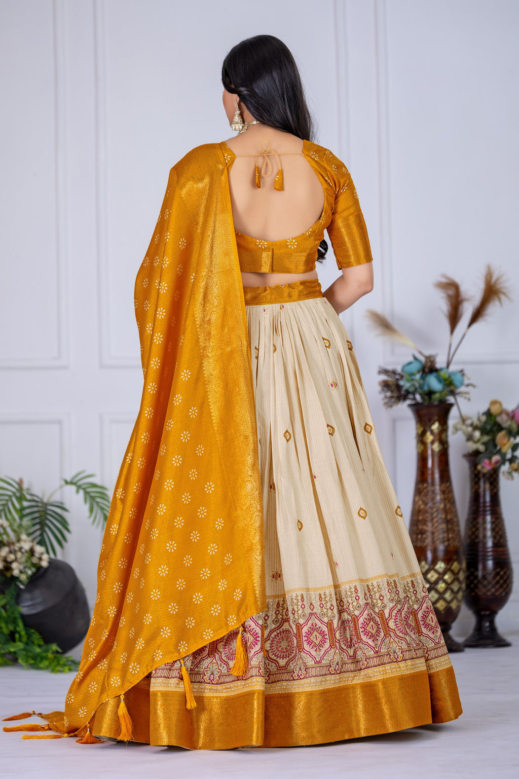 Women's Mustard Yellow & Cream Jacquard Lichi Silk Lehenga Choli with Designer Dupatta | Festive, Wedding, Navratri & Traditional Party Wear Lehenga Set