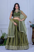 Women's Olive Green Embroidered Jimmy Choo Lehenga Choli with Soft Net Dupatta | Designer Wedding, Reception, Engagement & Festive Wear Lehenga Set