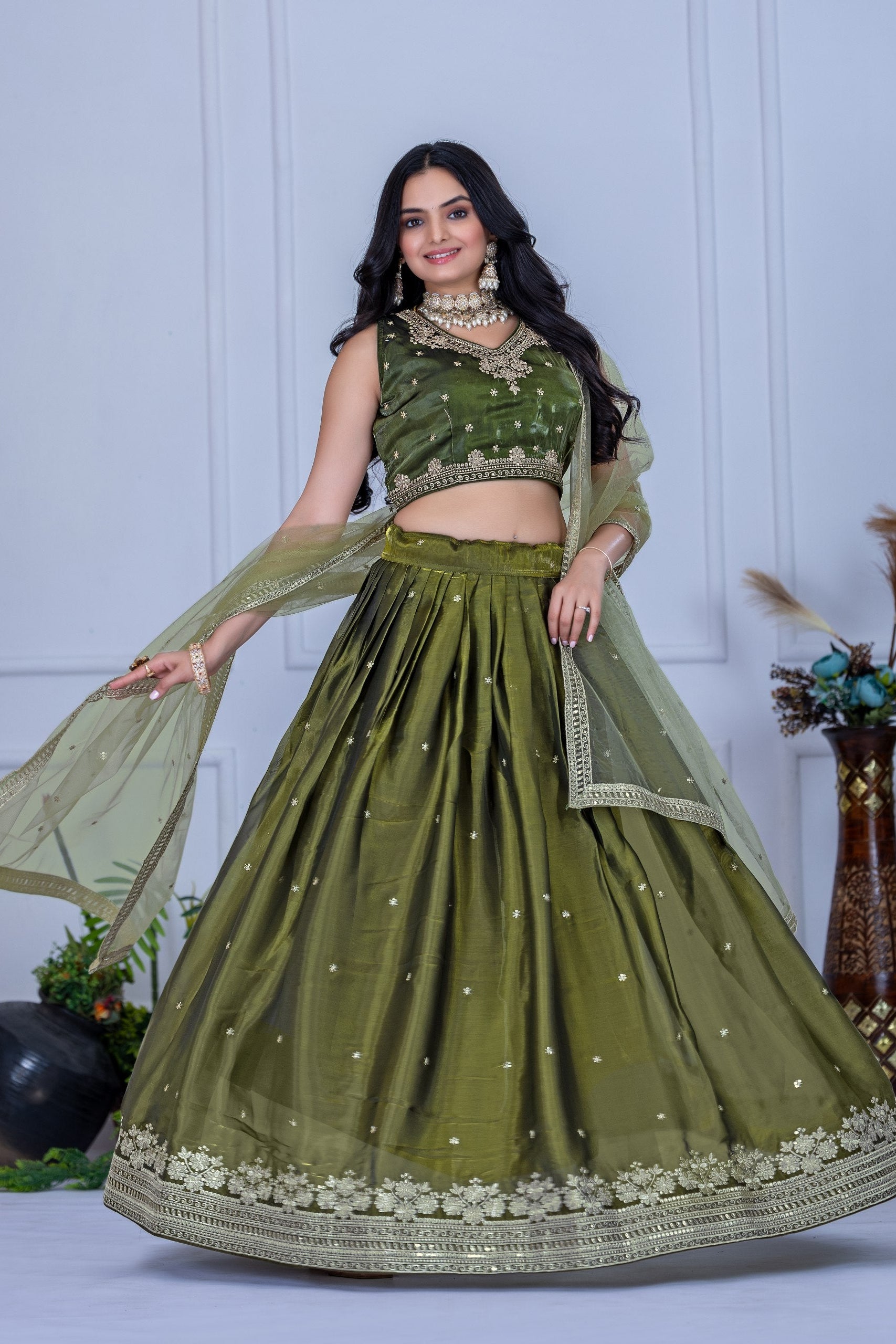 Women's Olive Green Embroidered Jimmy Choo Lehenga Choli with Soft Net Dupatta | Designer Wedding, Reception, Engagement & Festive Wear Lehenga Set
