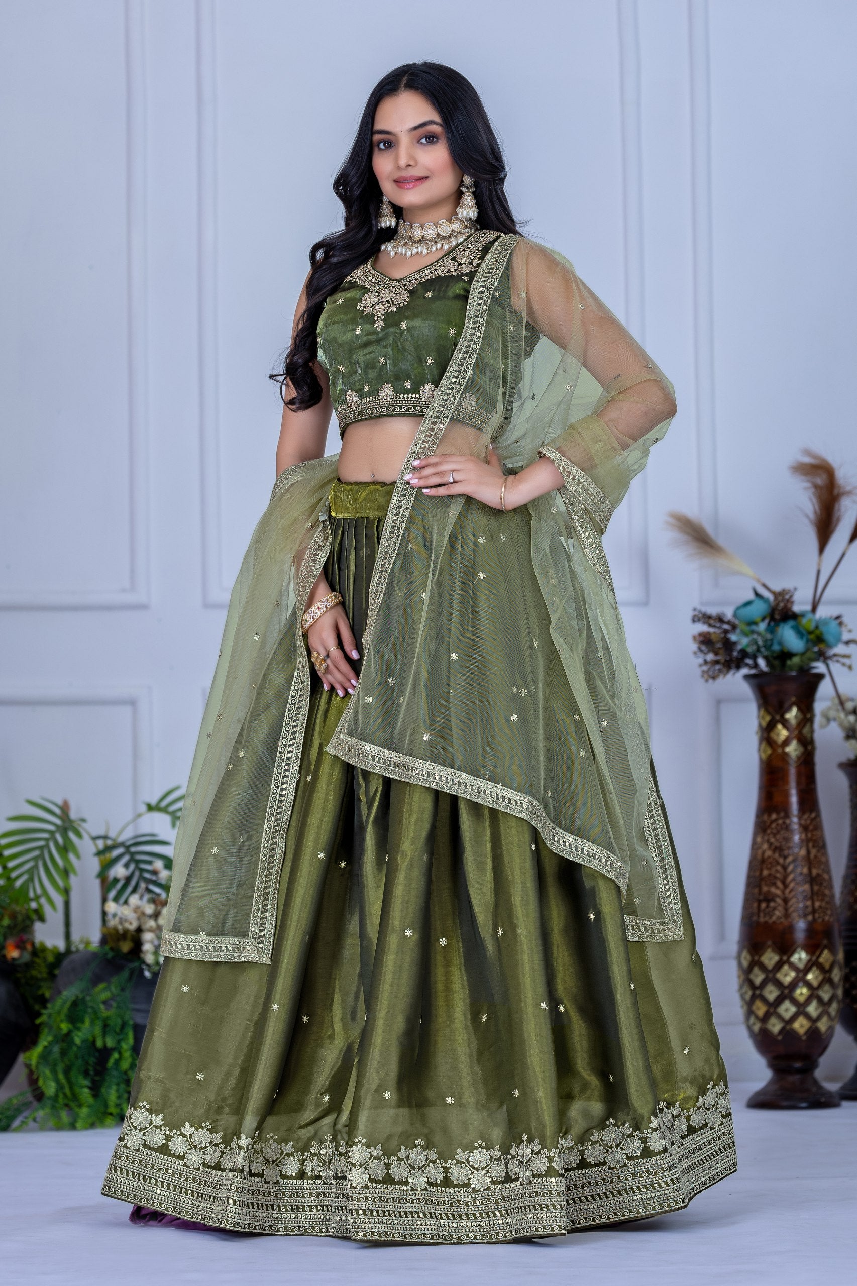 Women's Olive Green Embroidered Jimmy Choo Lehenga Choli with Soft Net Dupatta | Designer Wedding, Reception, Engagement & Festive Wear Lehenga Set