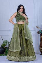 Women's Olive Green Embroidered Jimmy Choo Lehenga Choli with Soft Net Dupatta | Designer Wedding, Reception, Engagement & Festive Wear Lehenga Set