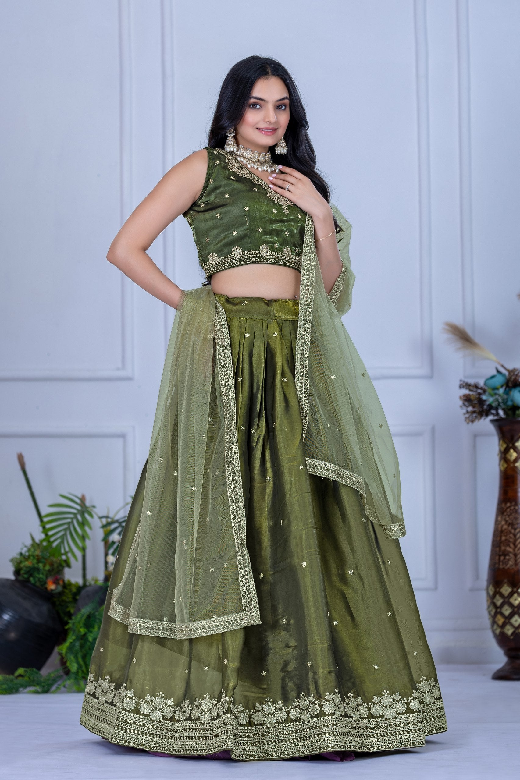 Women's Olive Green Embroidered Jimmy Choo Lehenga Choli with Soft Net Dupatta | Designer Wedding, Reception, Engagement & Festive Wear Lehenga Set