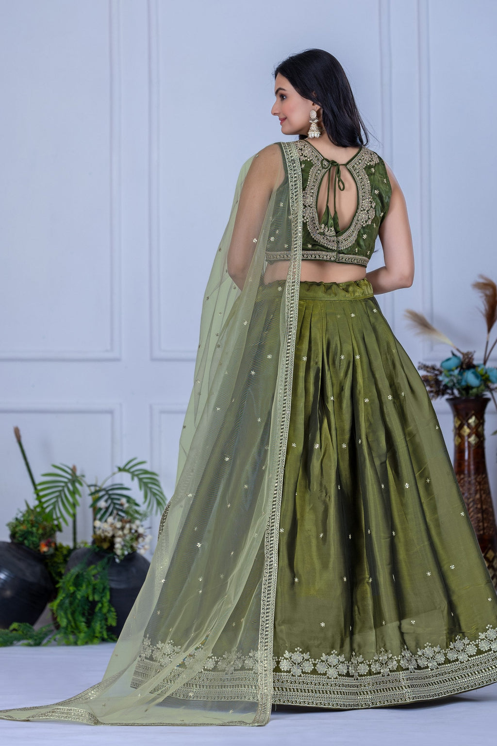 Women's Olive Green Embroidered Jimmy Choo Lehenga Choli with Soft Net Dupatta | Designer Wedding, Reception, Engagement & Festive Wear Lehenga Set