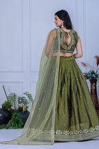 Women's Olive Green Embroidered Jimmy Choo Lehenga Choli with Soft Net Dupatta | Designer Wedding, Reception, Engagement & Festive Wear Lehenga Set