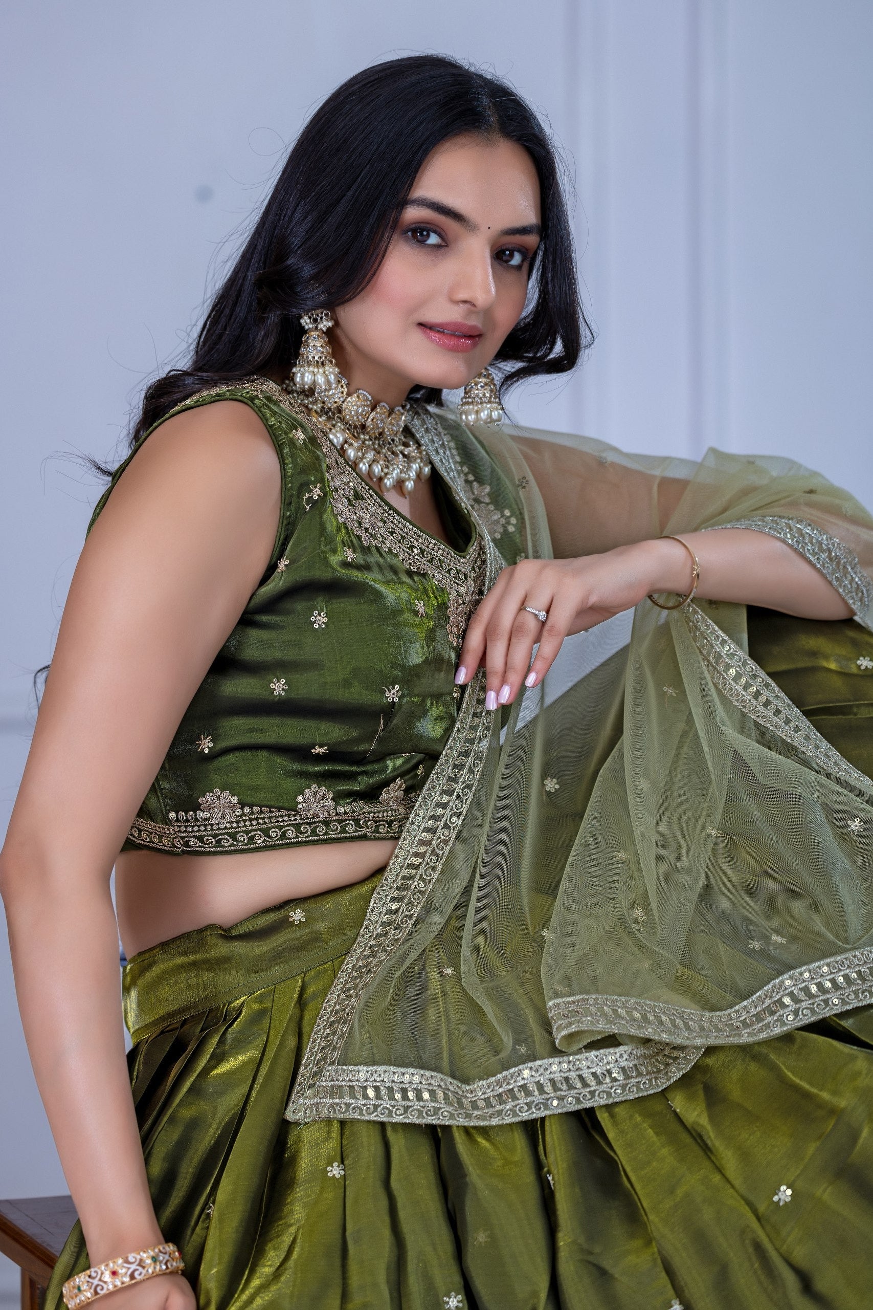 Women's Olive Green Embroidered Jimmy Choo Lehenga Choli with Soft Net Dupatta | Designer Wedding, Reception, Engagement & Festive Wear Lehenga Set