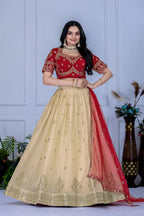 Women's Off White & Red Embroidered Jimmy Choo Lehenga Choli with Soft Net Dupatta | Designer Wedding, Reception, Engagement & Festive Wear Lehenga Set