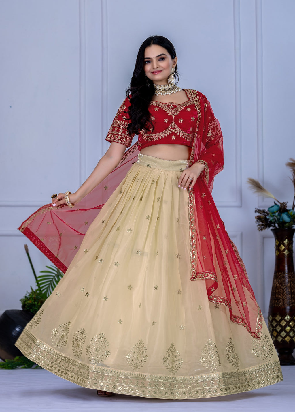 Women's Off White & Red Embroidered Jimmy Choo Lehenga Choli with Soft Net Dupatta | Designer Wedding, Reception, Engagement & Festive Wear Lehenga Set