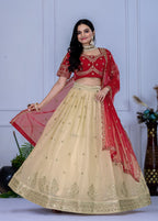 Women's Off White & Red Embroidered Jimmy Choo Lehenga Choli with Soft Net Dupatta | Designer Wedding, Reception, Engagement & Festive Wear Lehenga Set