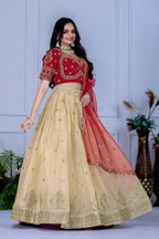 Women's Off White & Red Embroidered Jimmy Choo Lehenga Choli with Soft Net Dupatta | Designer Wedding, Reception, Engagement & Festive Wear Lehenga Set