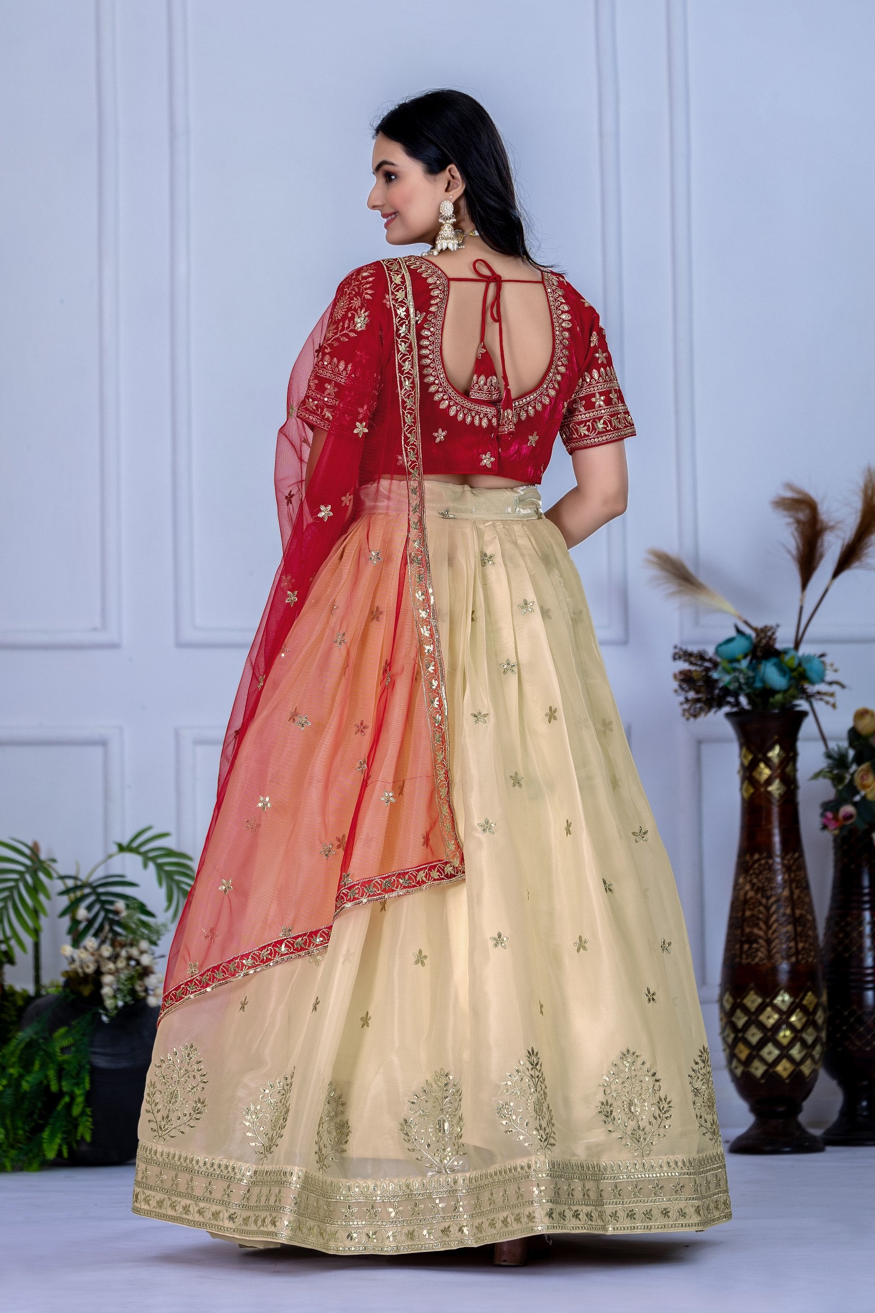Women's Off White & Red Embroidered Jimmy Choo Lehenga Choli with Soft Net Dupatta | Designer Wedding, Reception, Engagement & Festive Wear Lehenga Set