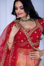 Women's Off White & Red Embroidered Jimmy Choo Lehenga Choli with Soft Net Dupatta | Designer Wedding, Reception, Engagement & Festive Wear Lehenga Set