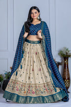 Women's Cream & Teal Heavy Lichi Jacquard Lehenga Choli with Dupatta | Wedding & Festive Wear