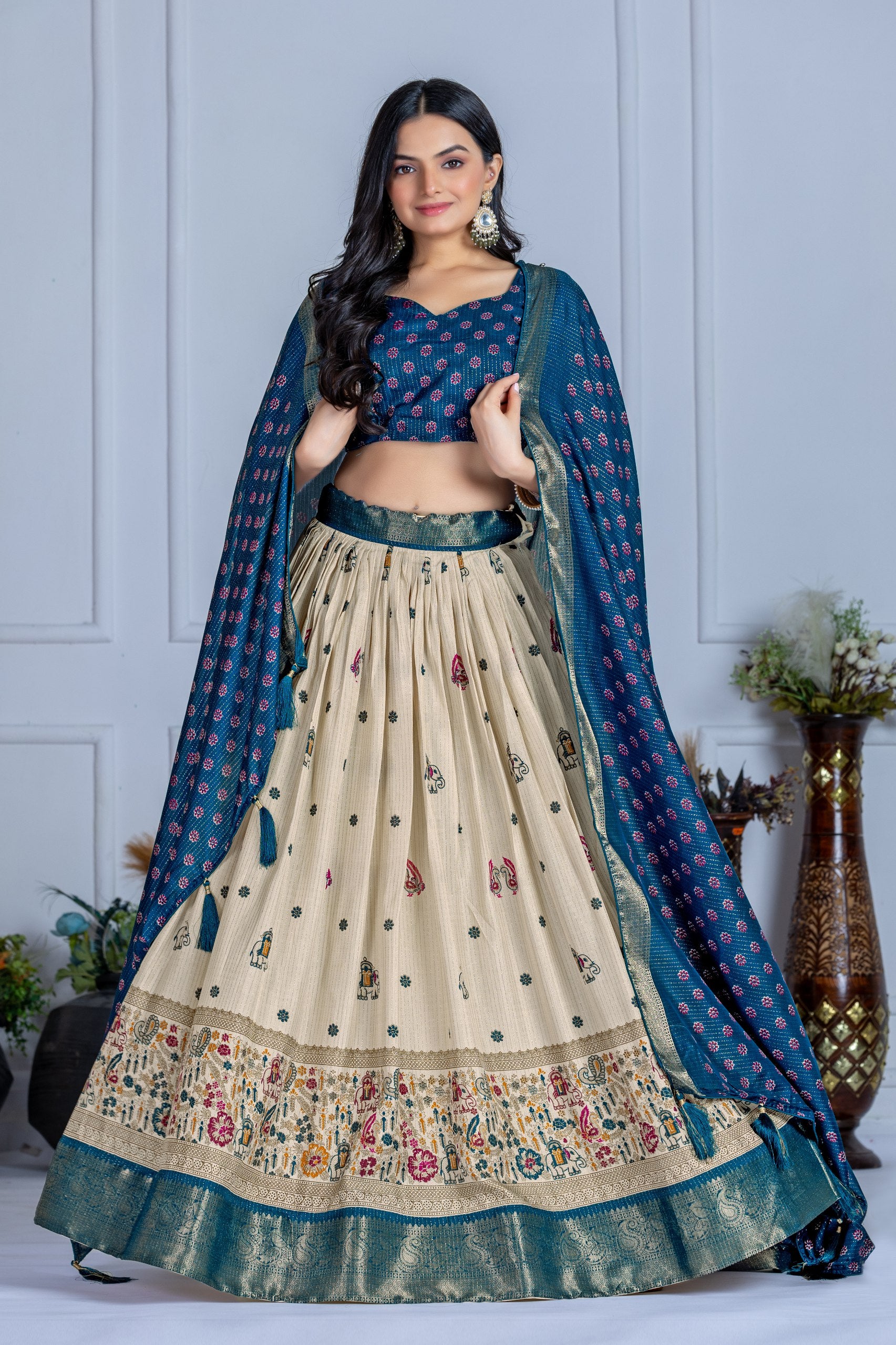 Women's Cream & Teal Heavy Lichi Jacquard Lehenga Choli with Dupatta | Wedding & Festive Wear