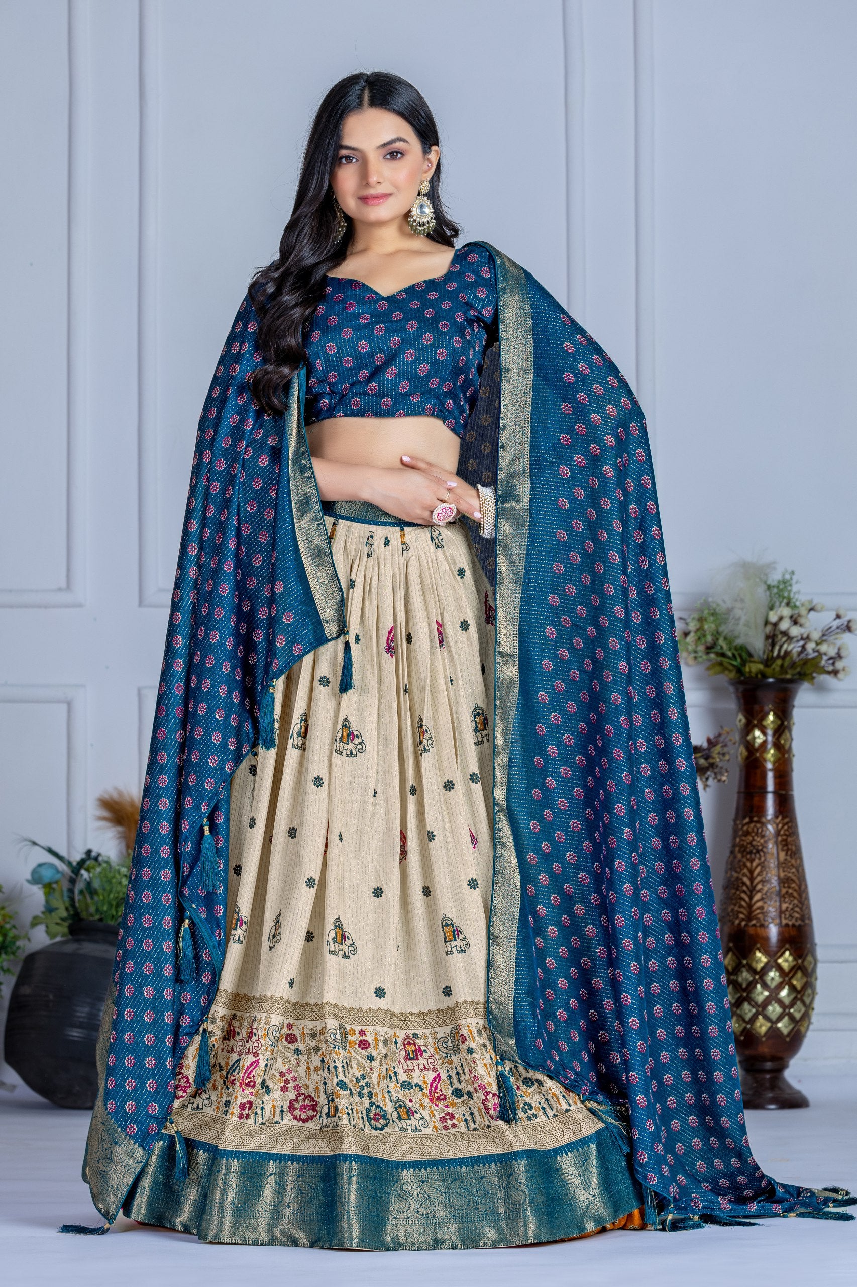 Women's Cream & Teal Heavy Lichi Jacquard Lehenga Choli with Dupatta | Wedding & Festive Wear