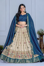Women's Cream & Teal Heavy Lichi Jacquard Lehenga Choli with Dupatta | Wedding & Festive Wear