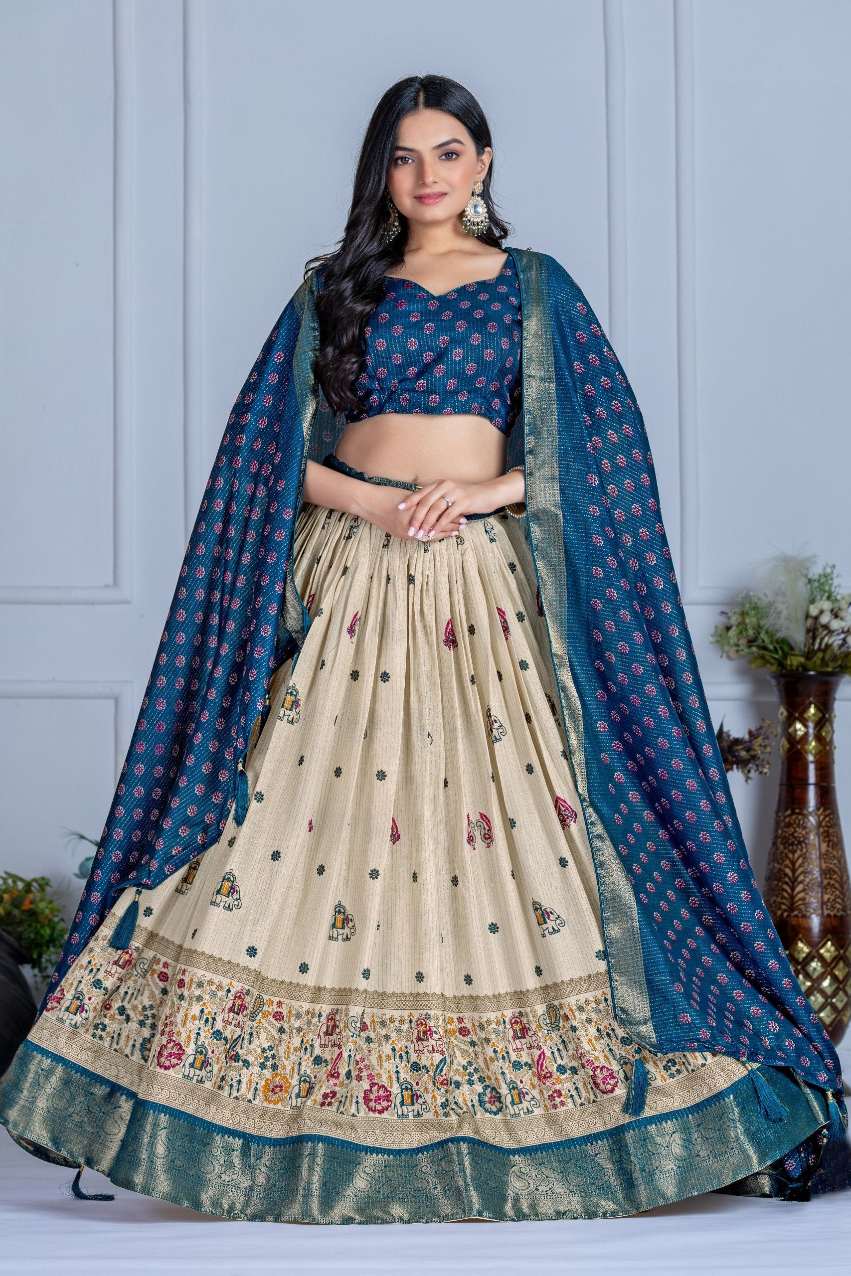 Women's Cream & Teal Heavy Lichi Jacquard Lehenga Choli with Dupatta | Wedding & Festive Wear