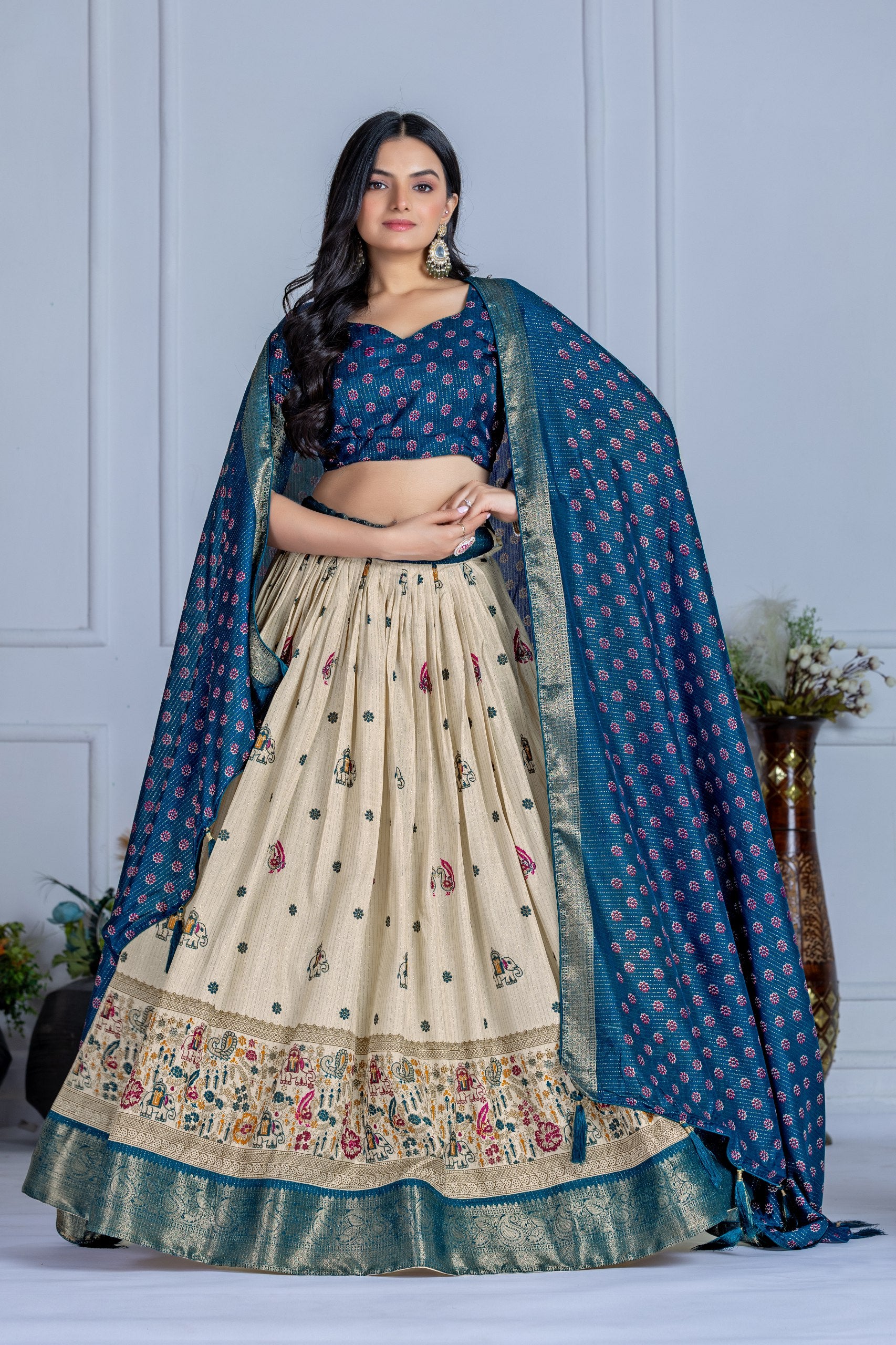 Women's Cream & Teal Heavy Lichi Jacquard Lehenga Choli with Dupatta | Wedding & Festive Wear