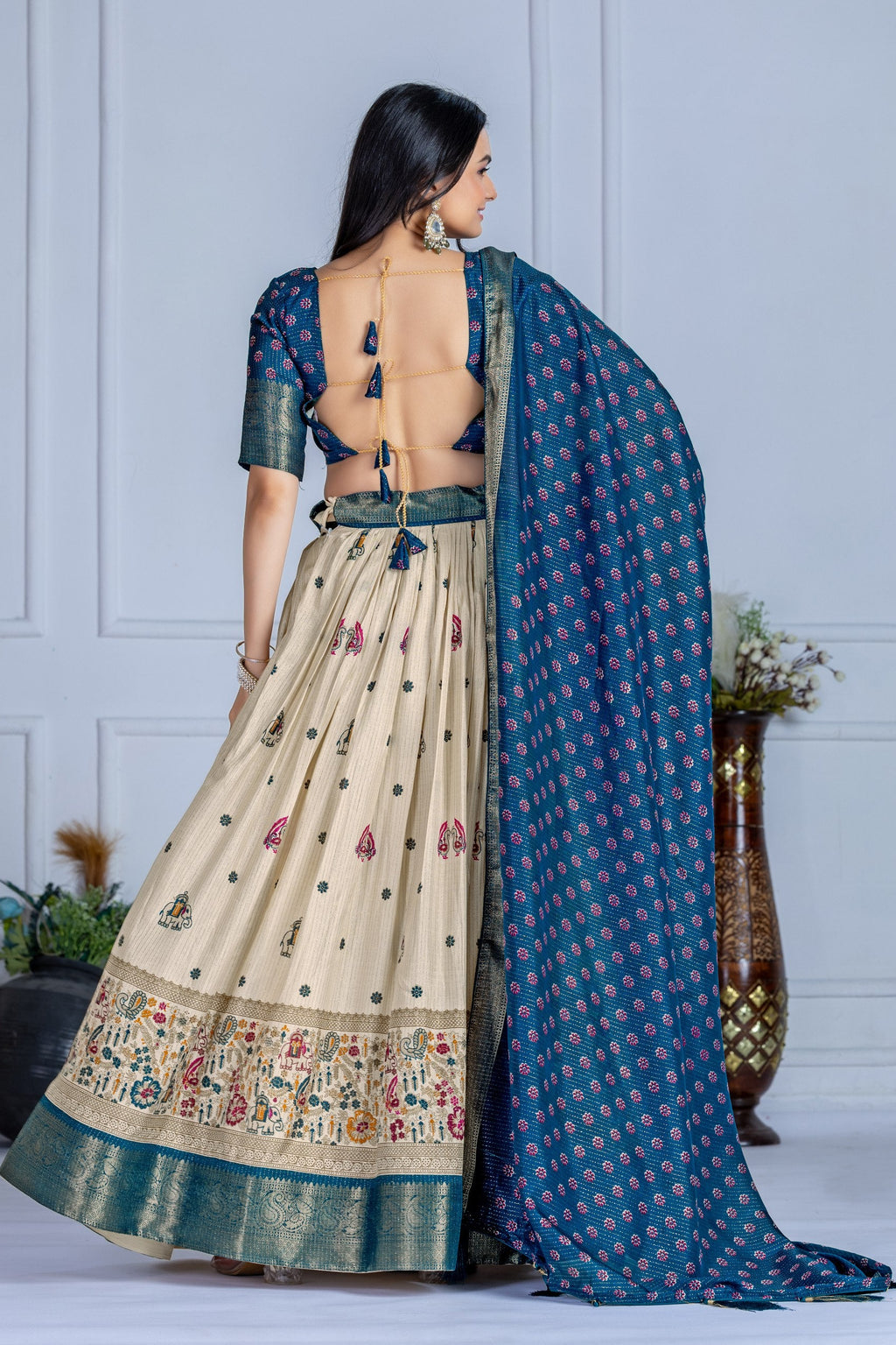 Women's Cream & Teal Heavy Lichi Jacquard Lehenga Choli with Dupatta | Wedding & Festive Wear