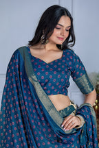 Women's Cream & Teal Heavy Lichi Jacquard Lehenga Choli with Dupatta | Wedding & Festive Wear