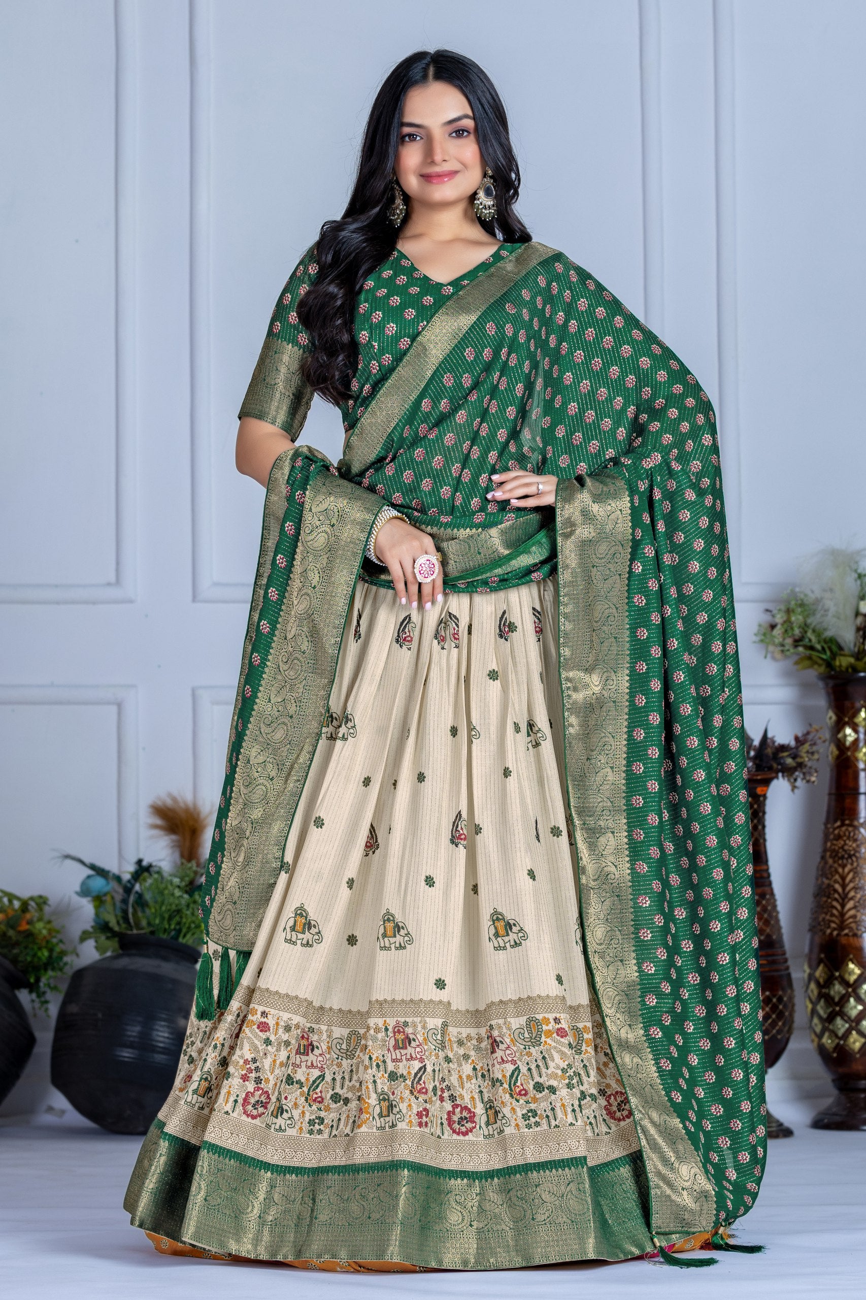 Women's Cream & Green Heavy Lichi Jacquard Lehenga Choli with Dupatta | Wedding & Festive Wear