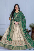 Women's Cream & Green Heavy Lichi Jacquard Lehenga Choli with Dupatta | Wedding & Festive Wear