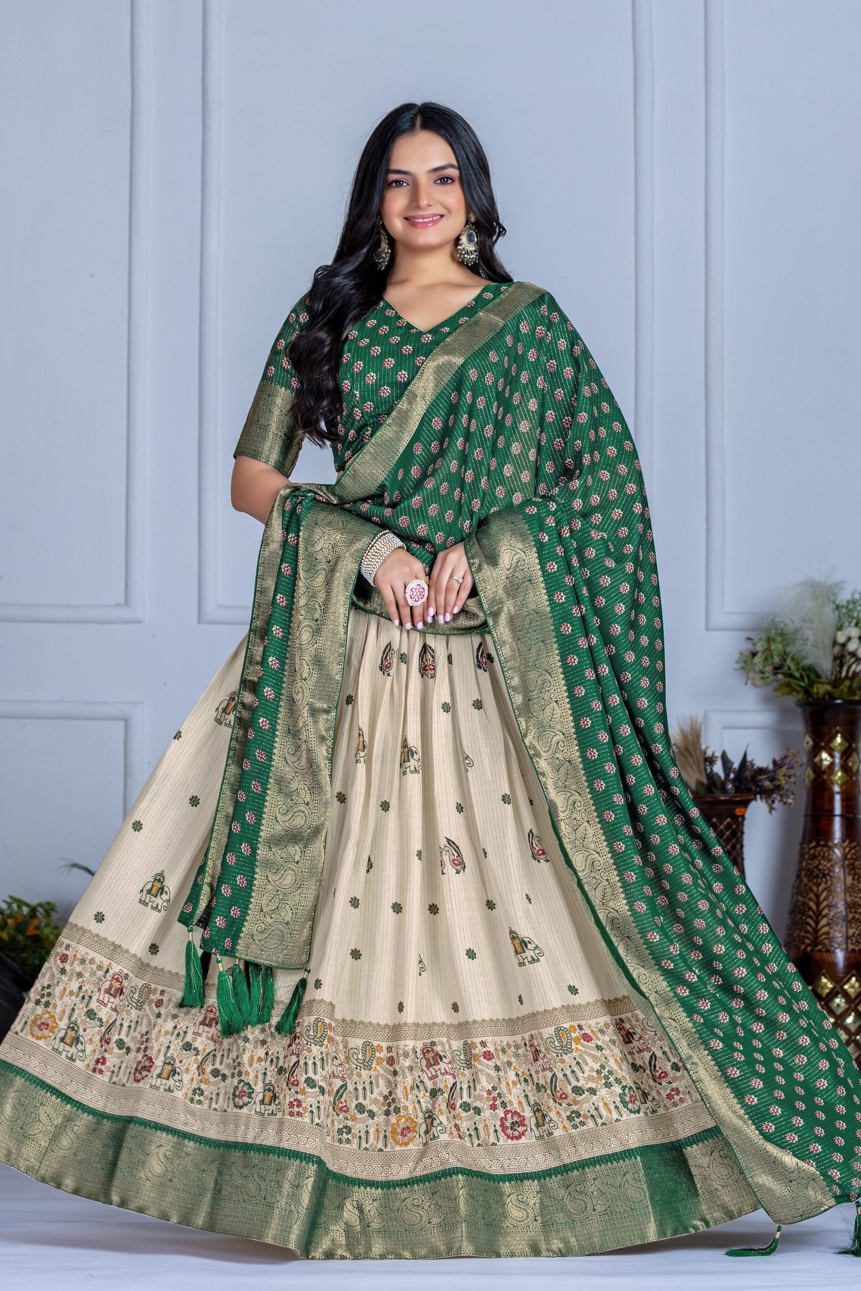 Women's Cream & Green Heavy Lichi Jacquard Lehenga Choli with Dupatta | Wedding & Festive Wear