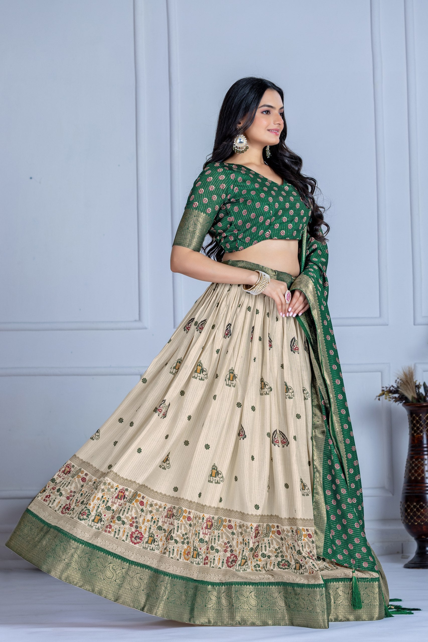 Women's Cream & Green Heavy Lichi Jacquard Lehenga Choli with Dupatta | Wedding & Festive Wear