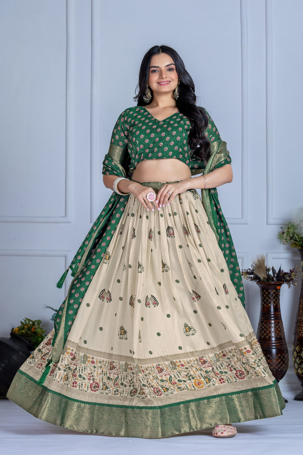 Women's Cream & Green Heavy Lichi Jacquard Lehenga Choli with Dupatta | Wedding & Festive Wear