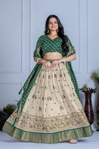 Women's Cream & Green Heavy Lichi Jacquard Lehenga Choli with Dupatta | Wedding & Festive Wear