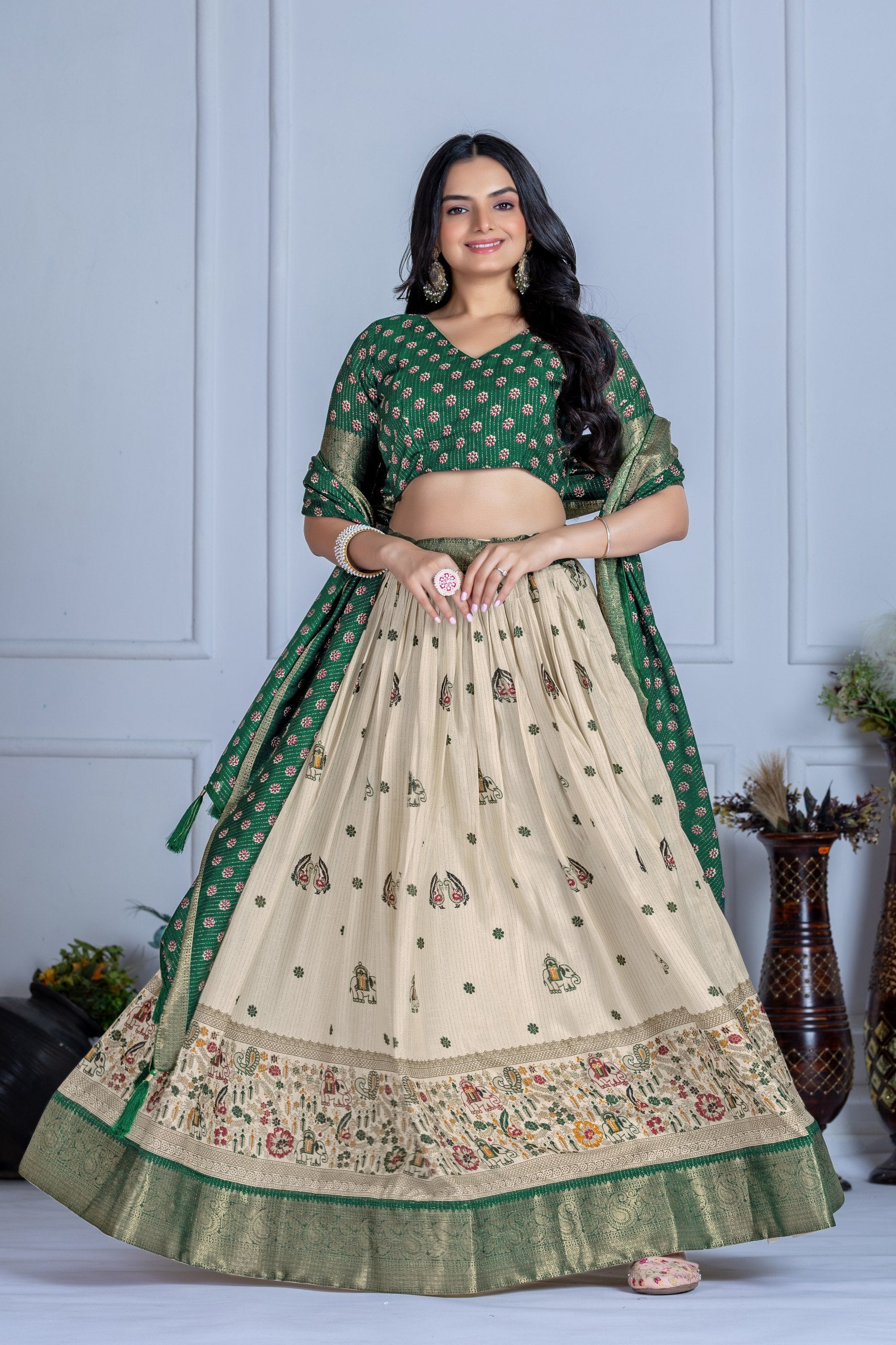 Women's Cream & Green Heavy Lichi Jacquard Lehenga Choli with Dupatta | Wedding & Festive Wear