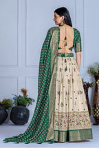Women's Cream & Green Heavy Lichi Jacquard Lehenga Choli with Dupatta | Wedding & Festive Wear