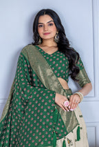 Women's Cream & Green Heavy Lichi Jacquard Lehenga Choli with Dupatta | Wedding & Festive Wear