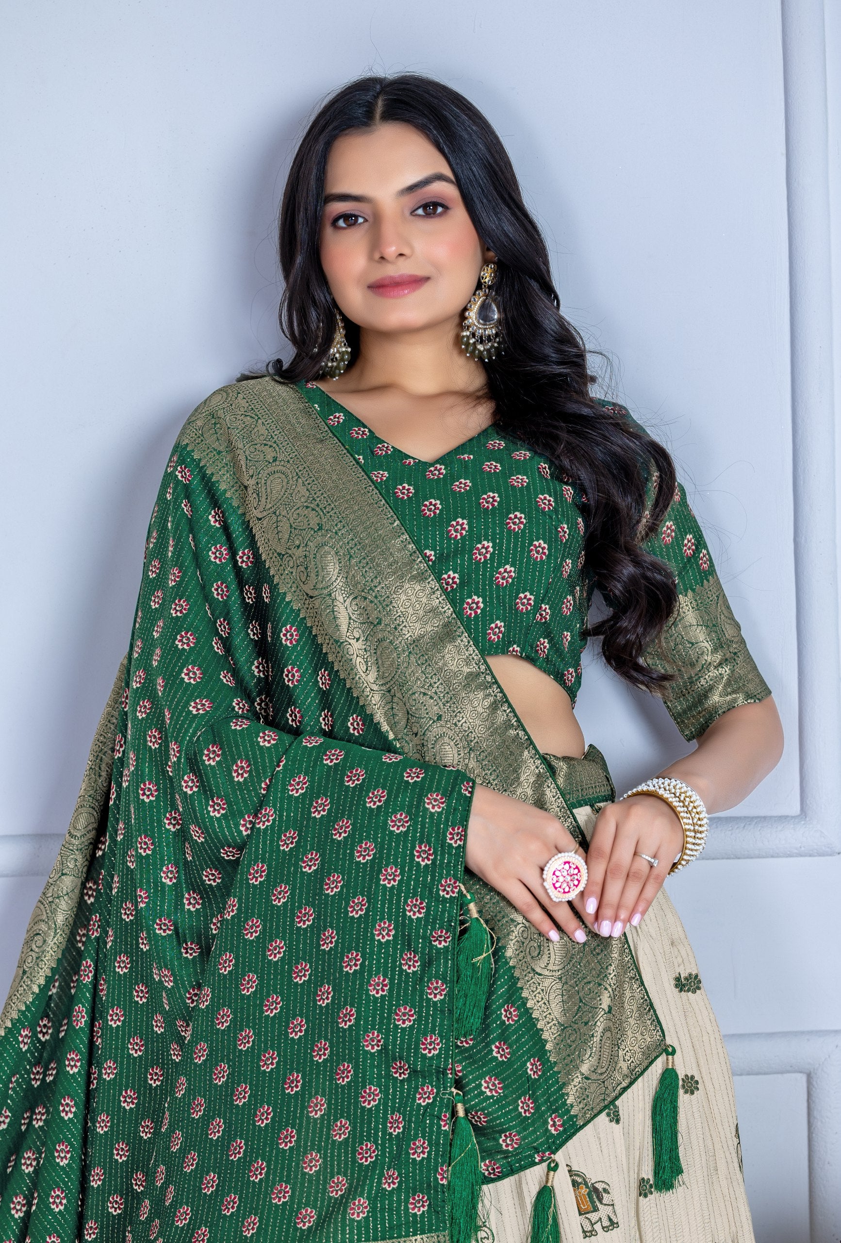 Women's Cream & Green Heavy Lichi Jacquard Lehenga Choli with Dupatta | Wedding & Festive Wear