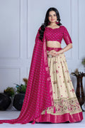 Women's Cream & Rani Pink Heavy Lichi Jacquard Lehenga Choli with Dupatta | Wedding & Festive Wear