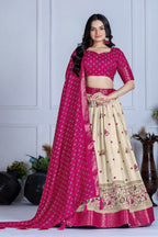 Women's Cream & Rani Pink Heavy Lichi Jacquard Lehenga Choli with Dupatta | Wedding & Festive Wear