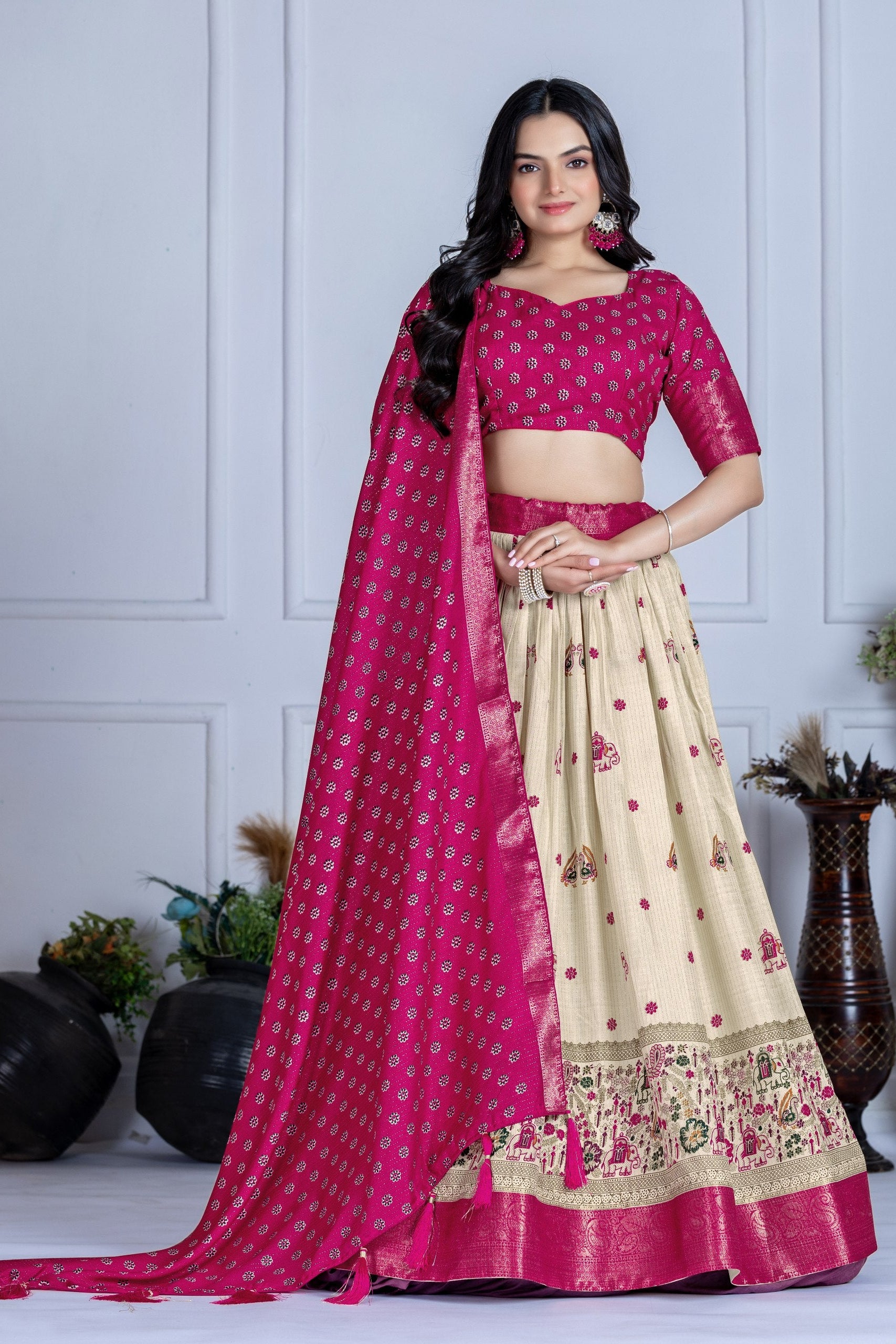 Women's Cream & Rani Pink Heavy Lichi Jacquard Lehenga Choli with Dupatta | Wedding & Festive Wear