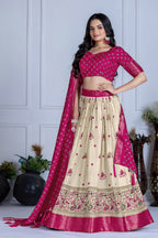 Women's Cream & Rani Pink Heavy Lichi Jacquard Lehenga Choli with Dupatta | Wedding & Festive Wear