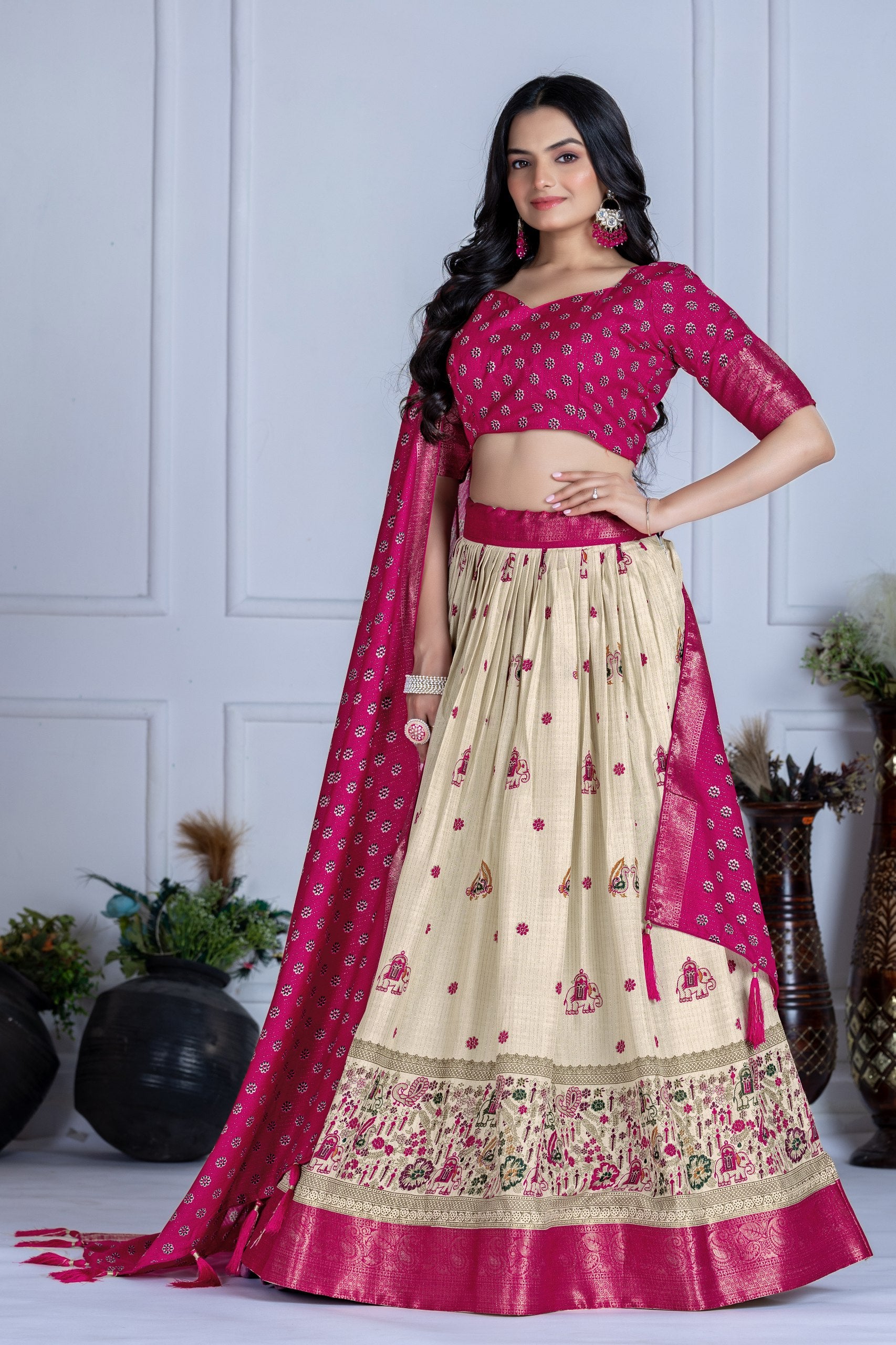 Women's Cream & Rani Pink Heavy Lichi Jacquard Lehenga Choli with Dupatta | Wedding & Festive Wear