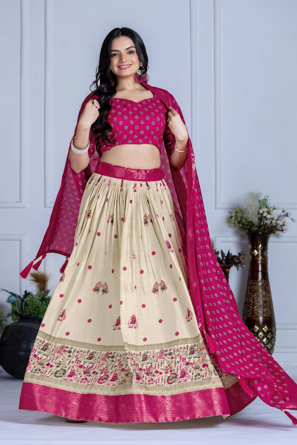 Women's Cream & Rani Pink Heavy Lichi Jacquard Lehenga Choli with Dupatta | Wedding & Festive Wear