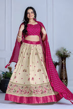 Women's Cream & Rani Pink Heavy Lichi Jacquard Lehenga Choli with Dupatta | Wedding & Festive Wear