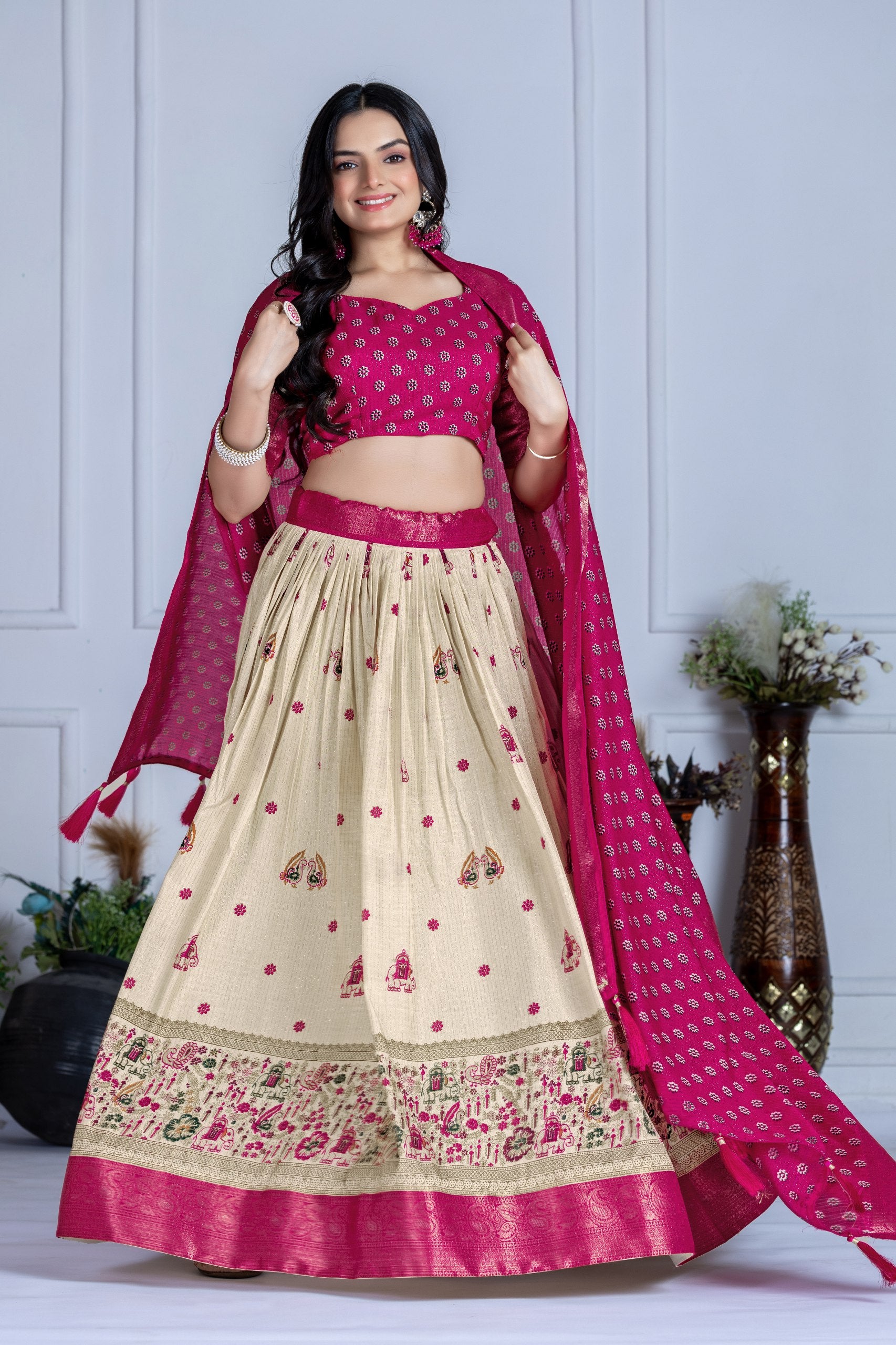Women's Cream & Rani Pink Heavy Lichi Jacquard Lehenga Choli with Dupatta | Wedding & Festive Wear