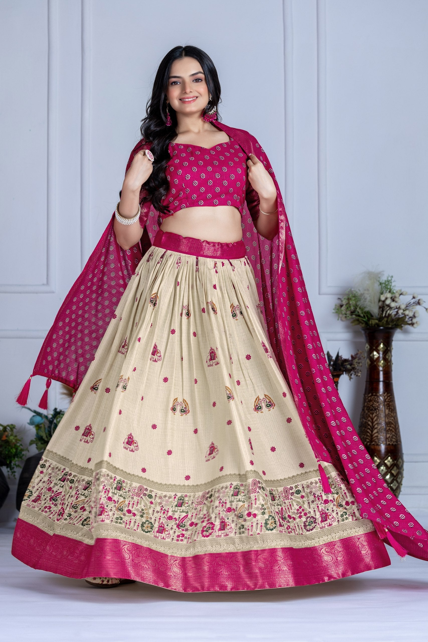 Women's Cream & Rani Pink Heavy Lichi Jacquard Lehenga Choli with Dupatta | Wedding & Festive Wear