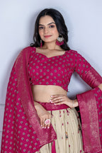 Women's Cream & Rani Pink Heavy Lichi Jacquard Lehenga Choli with Dupatta | Wedding & Festive Wear